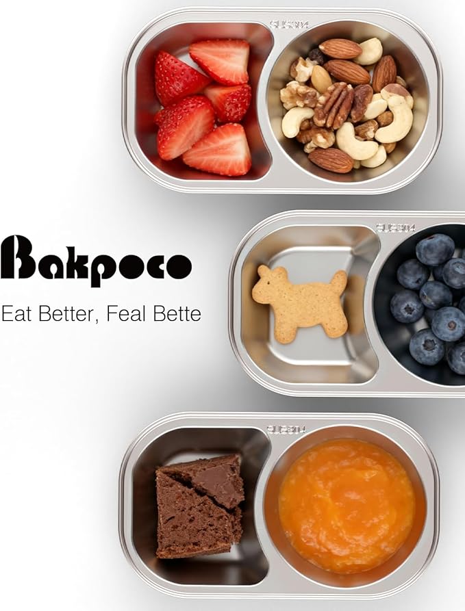 Bakpoco 2PCS Stainless Steel Toddler Plates with 2 Dividers, Kids Plates for Snack Portion Control, Small Divided Plate for Baby Feeding & Adults Camping, Non-toxic Dishwasher Safe Metal Dish