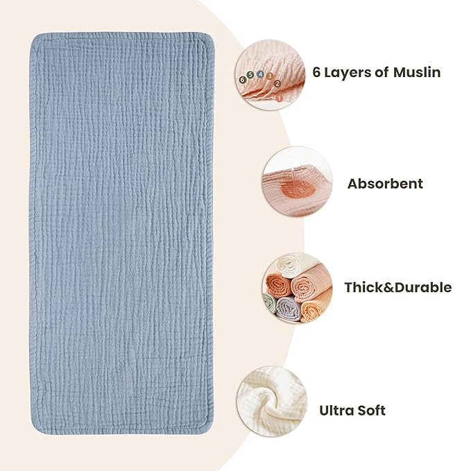 Konssy Muslin Baby Burp Cloths 6 Pack, Soft Absorbent 100% Cotton Burping Clothes for Newborns, Baby Boys and Girls, Unisex