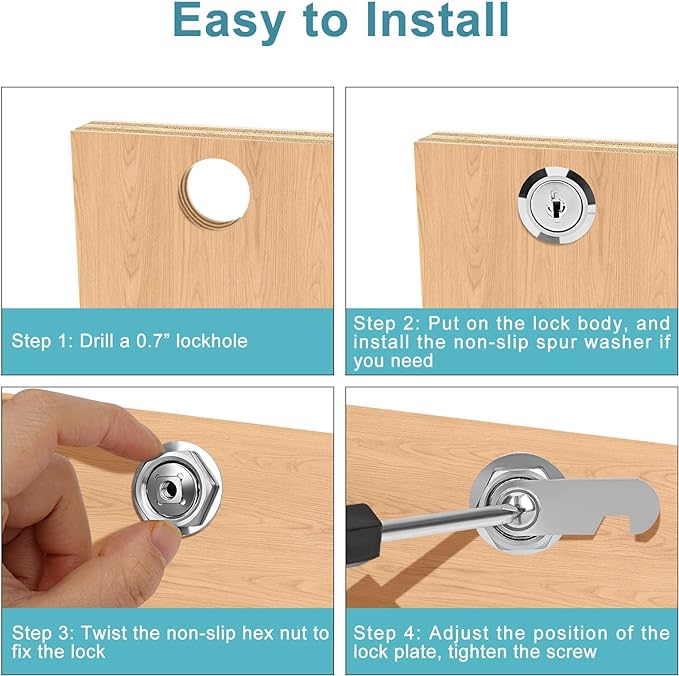 Cam Locks Cabinet Locks Keyed Alike, 1-1/8'' (Length) Cylinder Fits on 7/8'' Max Panel Thickness, Secure Files Drawers Mailbox RV Storage Locks Replacement Set, Zinc Alloy (1-1/8 Inch 6Pcs)