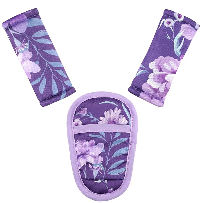 WINGHENLEE Baby Car Seat Strap Pads Suit, 3 Pieces Soft Car Seat Strap Shoulder Covers for Baby Infant Toddler, Double-Sided Car Seat Belt Covers for Stroller, Pushchair, Baby Swing, Purple Floral