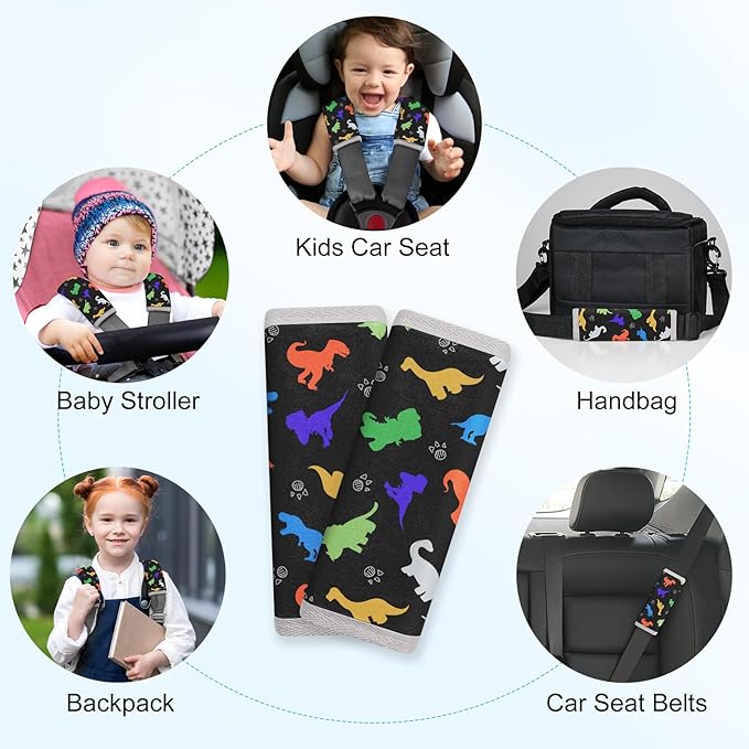 Seat Belt Cover Pad for Baby, Soft Seatbelt Cushion Covers for Kids 2Pcs Car Seat Strap Shoulder Pads for All Car Seats, Stroller, High Chair, Black Dinosaur