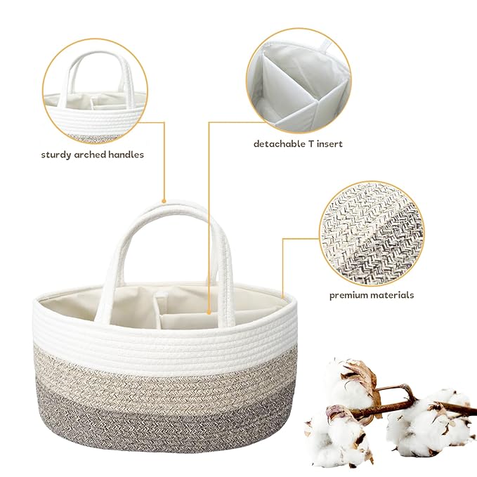 luxury little Diaper Caddy Organizer, Large Cotton Rope Nursery Baby Basket, Changing Table Organizer for Baby Diaper Storage, Portable Car Organizer Removable Divider (Gradient Brown, Large)