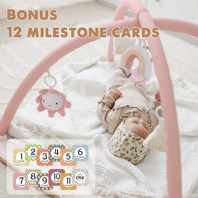 Washable Tummy Time Mat, Baby Play Gym with 6 Featured Toys, Baby Gym for Infant & Toddler, Larger Baby Play Mat, Deluxe Baby Play Mats for Floor, Sensory and Motor Skill Development, Non Slip, Pink