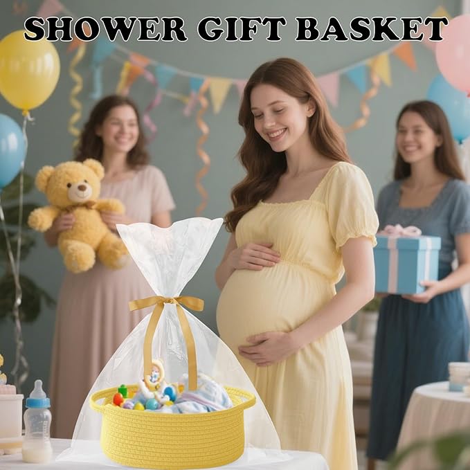 Small Woven Rope Basket-Empty Gifts Basket with Bag and Ribbons,Cute Handle Organizer Box for Birthday/Baby Shower, Toy Storage, Nursery Organizing & Shelf Decor(Yellow)