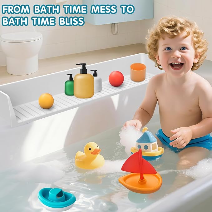 Splash Guard for Bathtub Kids, Silicone Water Bathtub Splash Guard, Bathtub Play Shelf for Kids, Tub Splash Guard Prevents Water Spills in Bathroom (2.6 FT, Grey
