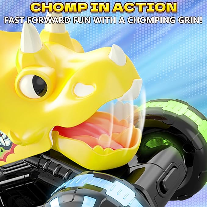Intoypad Yellow Triceratops Dino Monster Truck – Toddler Push Car Toy with LED Wheels – Press & Go Dinosaur Toy Vehicle for Kids Ages 2 3 4 5 – Chomping Mouth Light-Up Action Toy for Boys Girls