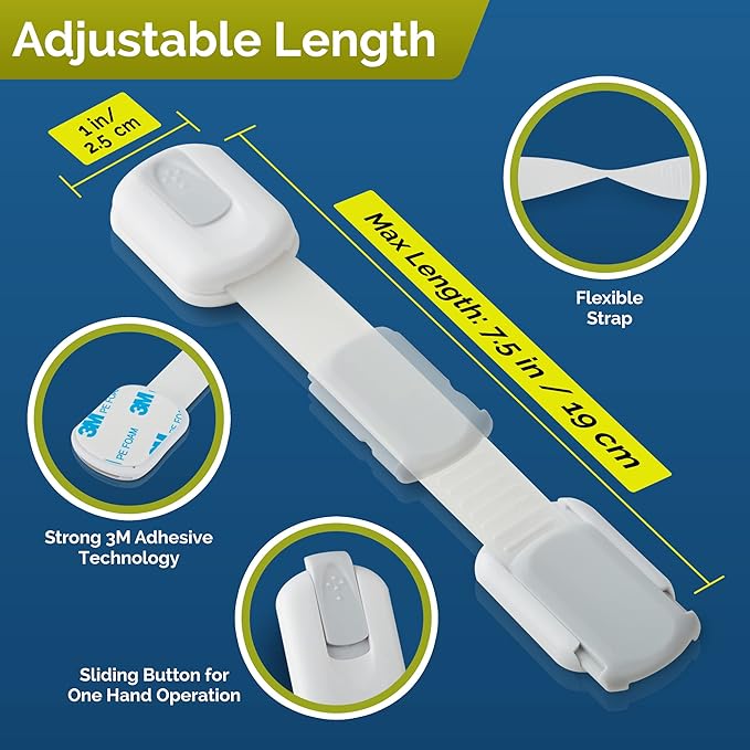 Child Safety Strap Locks (6-Pack) Baby Locks for Cabinets and Drawers, Toilet, Fridge & More. 3M Adhesive Pads. Easy Installation (White/Gray)