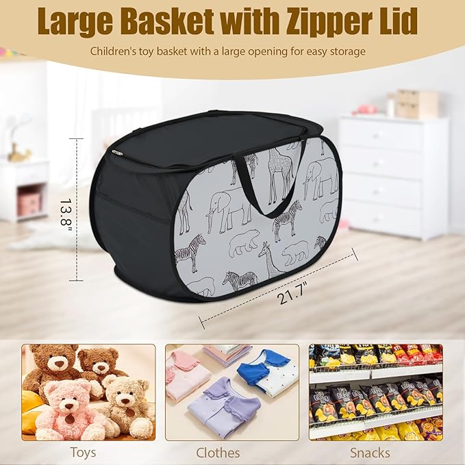 Seefoo Cute Storage Basket with Zipper Lid, Collapsible Toy Basket with Handles - Foldable, Lightweight Sturdy Fabric Animal Print Toy Bin for Kids Room, Boys/Girls Room, Playroom, Bedroom, Black