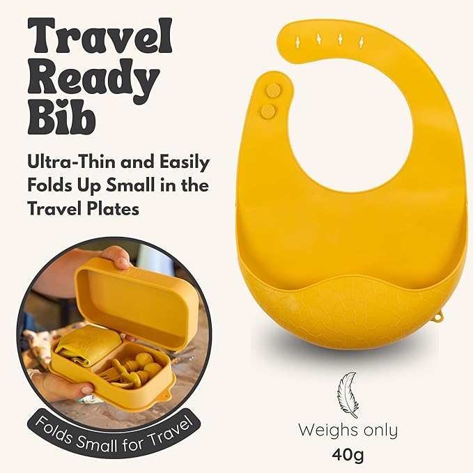 Baby Travel Essentials 6 Pc Silicone Feeding Set - Portable Toddler Plates with Suction, Baby Spoons & Foldable Bib in Carrying Case - BPA-Free Infant & Toddler Utensils for Airplanes & Eating Out