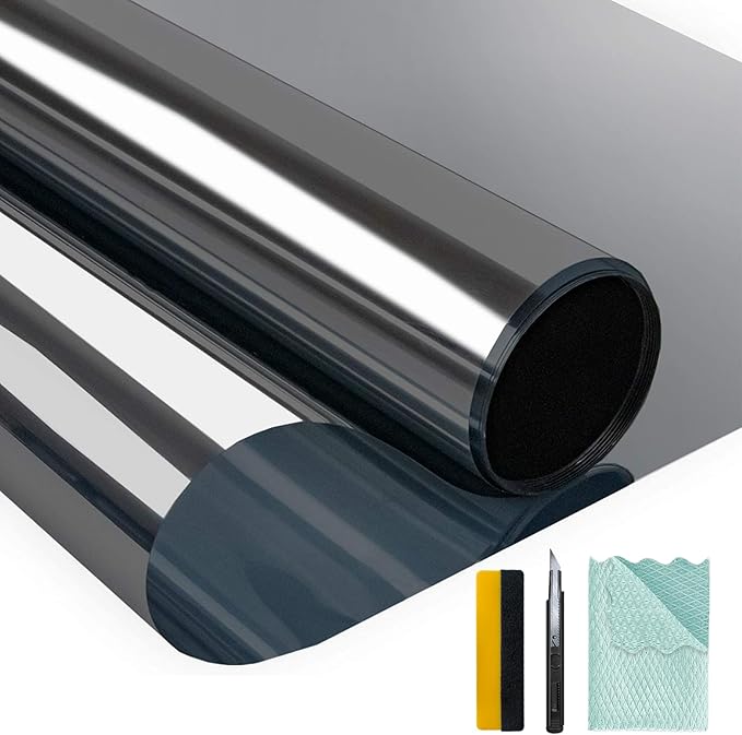 Niviy One Way Window Privacy Film with Installation Tools Window Tint for Home Effect Anti UV Heat Control Glass Door Film for Home Office (Black Silver 17.5" x 118")