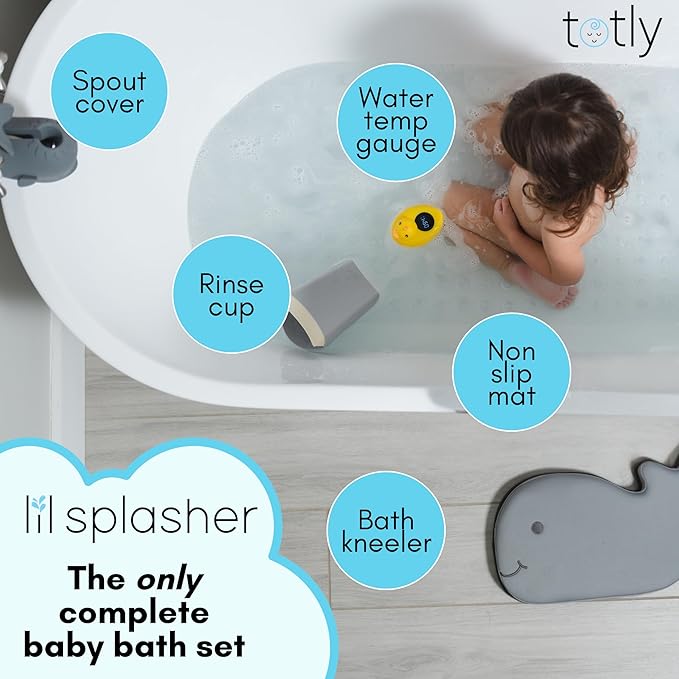 5pcs Baby Bath Essentials Set - Complete Bathtime Kit with Rinse Cup, Spout Cover, Kneeler, Thermometer & Non-Slip Mat for Newborn