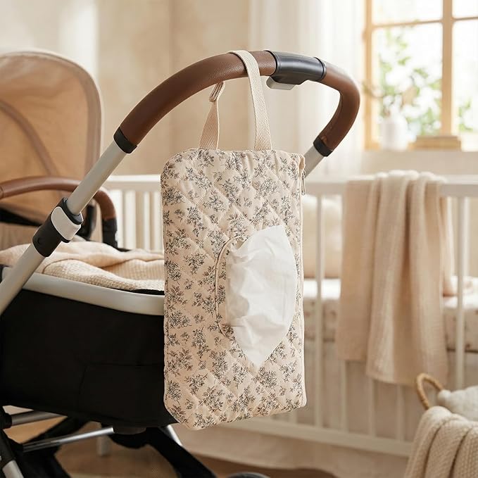 HIBEAR Quilted Diaper Wipe Pouch Portable Mommy Bag Refillable Floral Baby Wipe Holder for Travel Stroller Daily Casual (Floral C)