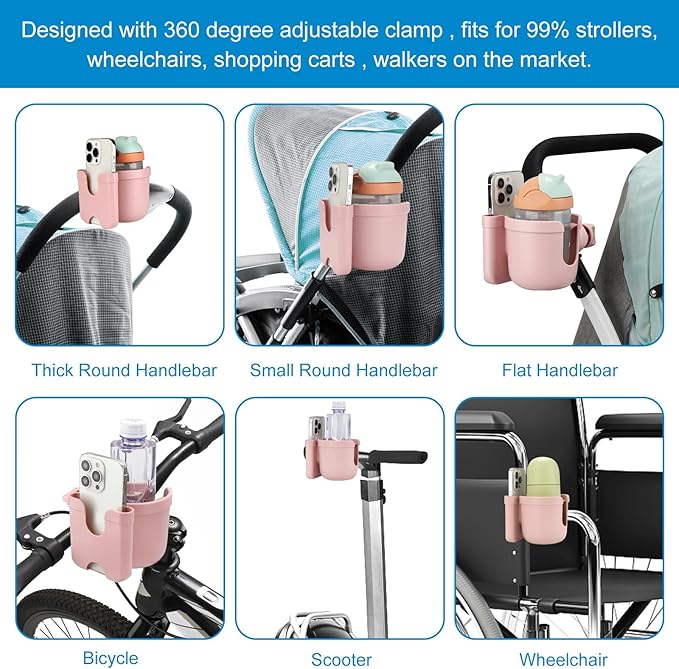 Accmor Stroller Cup Holder with Phone Holder, Bike Cup Holder, Universal Cup Holder for Uppababy Nuna Doona Strollers, 2-in-2 Cup Phone Holder for Stroller Bike Accessory