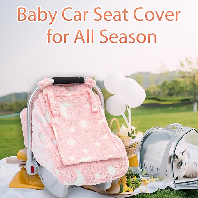 Baby Car Seat Cover, Infant Car Seat Cover Glow in The Dark, Cozy & Warm Carseat Canopy for Girls Boys, Baby Carrier Cover with Zipper Peep Windows for Baby Registry Essentials