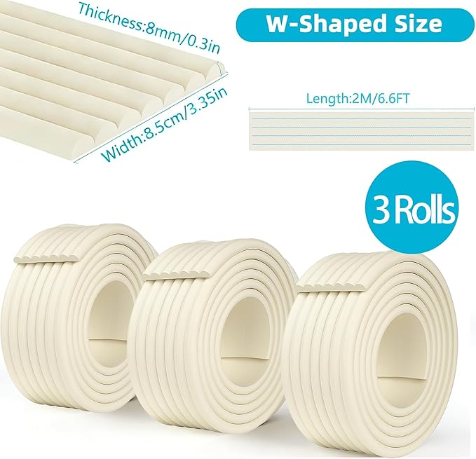 Beige Foam Edge & Corner Protector Tape, 3 Rolls,0.35" Thick x 3.15" Wide x 6.56 FT, Strong Adhesive, Baby Proofing for Table Edge, Crib Edge, Sharp Furniture Edge Protection