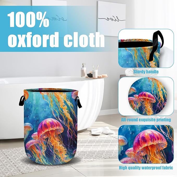 Colorful Jellyfish Ocean Laundry Basket, Laundry Hamper Collapsible Oxford Cloth with Handle Clothes Toy Storage Bin for Bathroom Laundry Room Bedroom 15.7 X 20 Inch