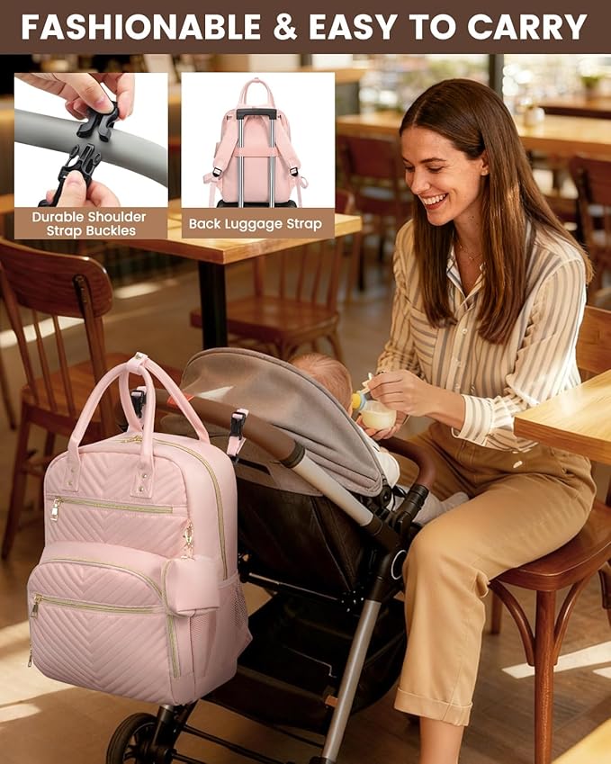 Pritent Diaper Bag Backpack,Baby Essentials Diapers Bag with Pacifier Case,Multipurpose Stylish Large Capacity Travel Backpack for Baby Girl/Boy(M-Pink)