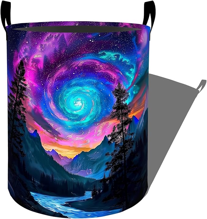 Vivid Galaxy Swirl over Mountains Laundry Basket with Handles, 19.7"x15.7" Clothes Foldable Laundry Hamper Organizer for Dorm Nursery Bedroom Bathroom Decor, Toy Storage Bin for Kids