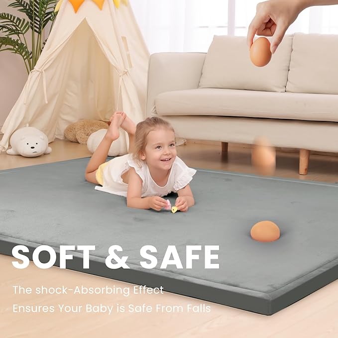 Large 79"x118" Baby Activity Play Mat for Floor,2" Extra Thick Elasti Foam Mat for Tummy Time &Crawling,Non-Slip Nursery Rug for Infants,Toddlers & Kids,Tatami Style for Classroom&Playroom (Dark Grey)