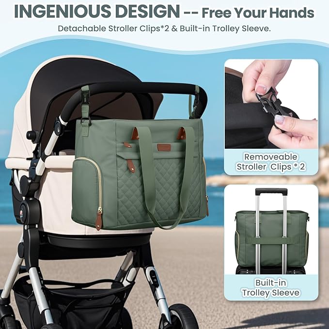 Pritent Diaper Bag Tote for Working Mom, Large Travel Diaper Tote for Mom and Dad with 14 Inch Laptop Sleeve, Mommy Maternity Travel Baby Bag for Boys and Girls, Green