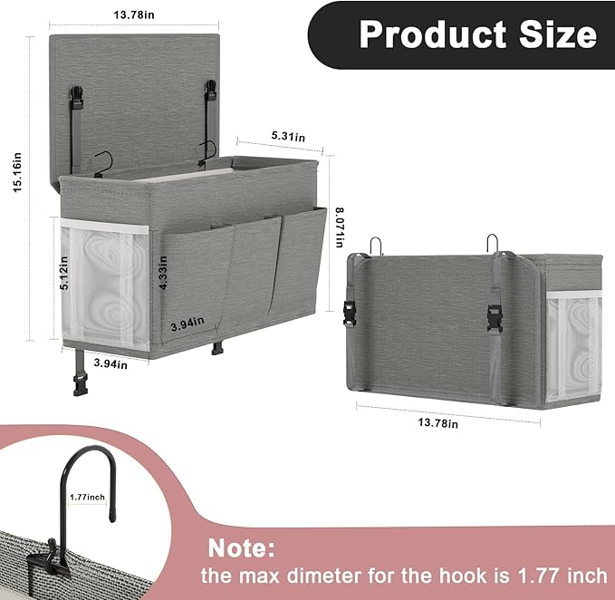 Edudif Dual-purpose Bedside Caddy Bedside Organizer, Bed Caddy with 6 Pockets, Versatile Bedside Storage Solution Magazine Remotes holder, ideal for Home, Dorm, Hospital, Crib Bed (Grey)