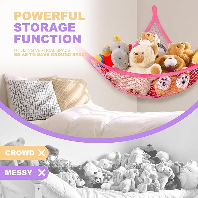 Lazebox Stuffed Animal Net Hammock for Plushie Toys, Stuffed Animal Hammock Corner for Kids' Room Decor, Ideas for Organizing Stuffy Collection, Pink, L (67" x 40" x 40")-Pack of 2