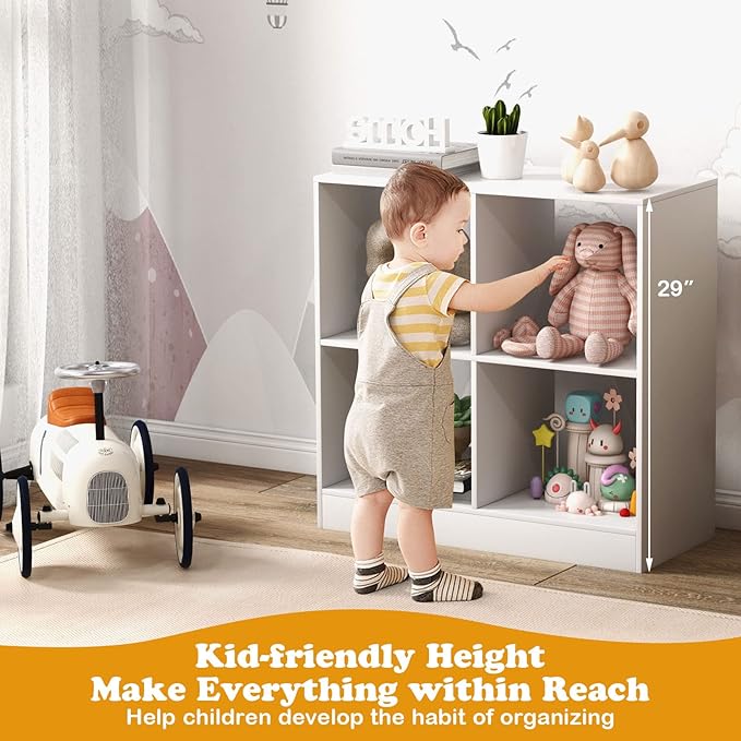 Costzon Toy Organizers and Storage, Wooden White 4-Cube Kids Bookcase for Books Toys Display Organization, Toddler Bookshelf for Bedroom, Living Room, Nursery, Playroom