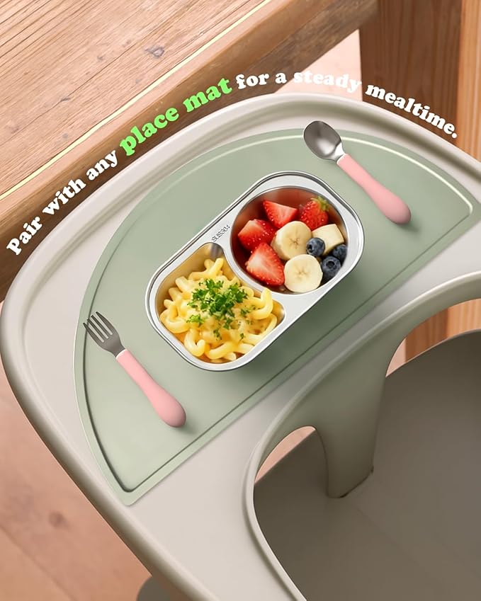 Bakpoco Stainless Steel Toddler Plates Set of 4, 2-compartment Kids Plates for Snack Portion Control, Small Divided Plate for Baby Feeding & Adults Camping, Non-toxic Dishwasher Safe Metal Dish