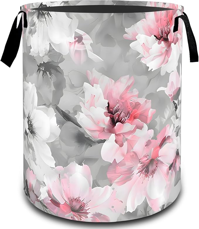 VODRM Peony Floral Pink White Flower Laundry Basket, Dirty Collapsible Clothes Toy Organizer Hamper for Kids Adults, Oxford Cloth Waterproof Storage Bin for Bathroom Home Decor Gifts, 19.7"X15.7"