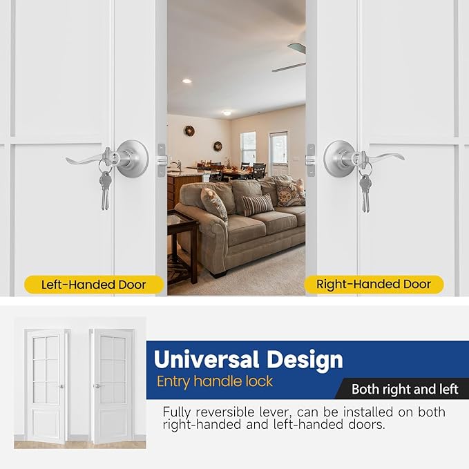 Keyed Entry Door Lever, Door Handle with Lock and Key, Exterior ＆ Interior Door Handle for Bedroom, Wave Style Lever Satin Nickel, Reversible for Left/Right 3 Pack