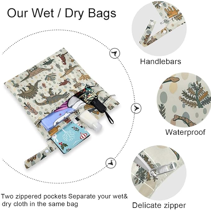 visesunny Vintage Dinosaur Plant 2Pcs Wet Bag with Zippered Pockets Washable Reusable Roomy for Travel,Beach,Pool,Daycare,Stroller,Diapers,Dirty Gym Clothes, Wet Swimsuits, Toiletries