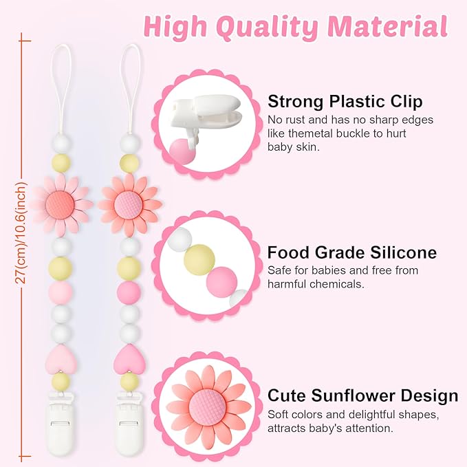 Silicone Pacifier Clip, 2 Pack Pacifier Holder for Boys and Girls, Adorable Sunflower Pacifier Strap Fits for Most Pacifier, Baby Teethers and Toy Straps (Light Pink&Pink)