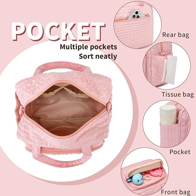 Small Diaper Bag Tote, Crossbody Diaper Bag Mini Purse with 8 Pockets, Travel Baby Bag for boys & Girls, 2 Insulated Pockets, Pink