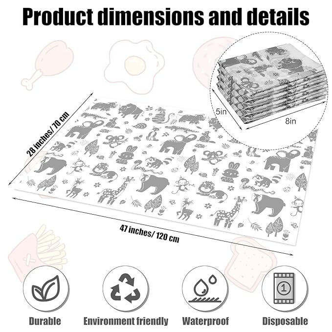 Drydiet 100 Pack 28"x47" Disposable Floor Splat Mats for Under High Chair with Animals Print, Waterproof Plastic Floor Mat Multipurpose Baby Led Weaning Supplies(Forest Animal)