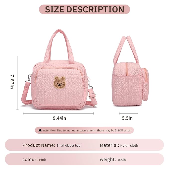 Small Diaper Bag Tote, Crossbody Diaper Bag Mini Purse with 8 Pockets, Travel Baby Bag for boys & Girls, 2 Insulated Pockets, Pink