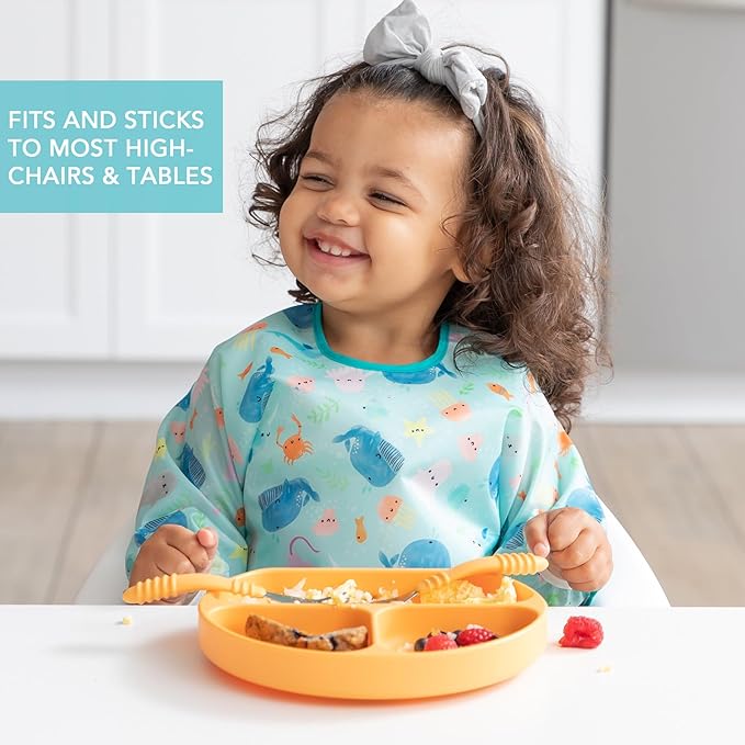 Bumkins Toddler and Baby Suction Plate, Silicone Divided Grip Dish, Babies and Kids, Baby Led Weaning, Children Feeding Supplies, Non Skid Sticky Bottom, Platinum Silicone, 6 Months Up, Tangerine