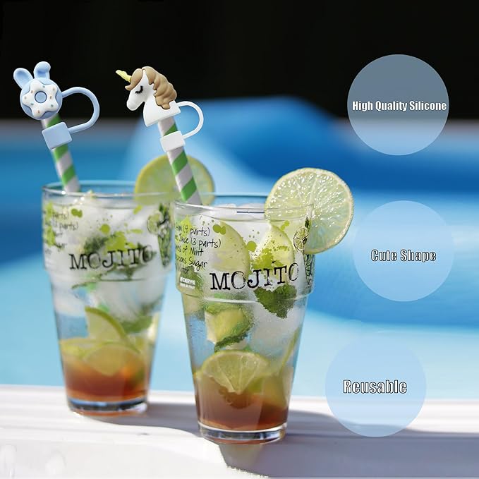 8Pcs Cute 10mm Animals Straw Covers Cap for Stanley Cup,Silicone Straw Toppers Compatible with Stanley 30&40 Oz Tumblers with Handle, Dust-Proof Reusable Lids Tumbler Cup Accessories
