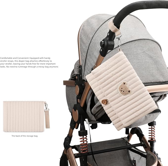 MOMIGO Baby Diaper Bag Organizer Pouches - Waterproof Pod Foldable Diaper Organizer Set, Cute Bear Bag Gift for Baby Shower (Khaki)