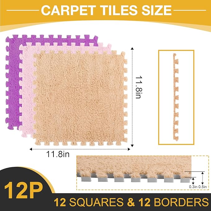 12 Pcs Plush Interlocking Carpet Tiles, Non-Toxic Foam Carpet Tiles for Toddler Baby, Anti-Slip, EVA Foam Interlocking Tiles for Floor, Nursery, Playroom, Purple, Light Brown, Pink