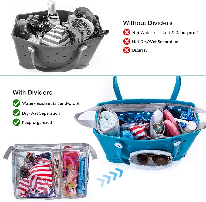 Clear Beach Bag Organizer Insert with 3pcs Accessories for Medium Bogg Bag Inserts -Beach Tote Bag Divider with Sunglasses Holder, Phone Holder and Clips Hooks - Beach Tote Insert Organizer Liner