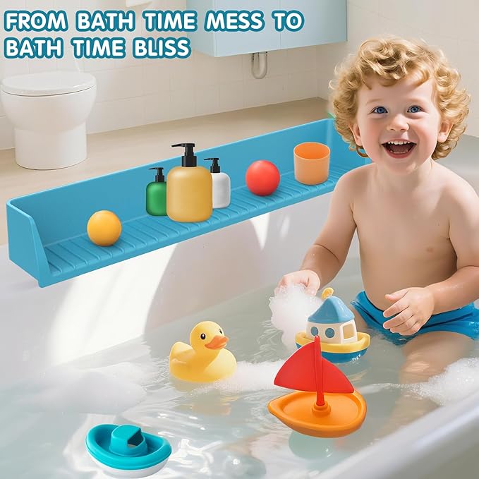 Bathtub Splash Guard for Tub Kids, Longer Silicone Water Splash Guard for Bathtub, Toy Holder Play Shelf for Bathtime, Prevents Water Spills in Bathroom