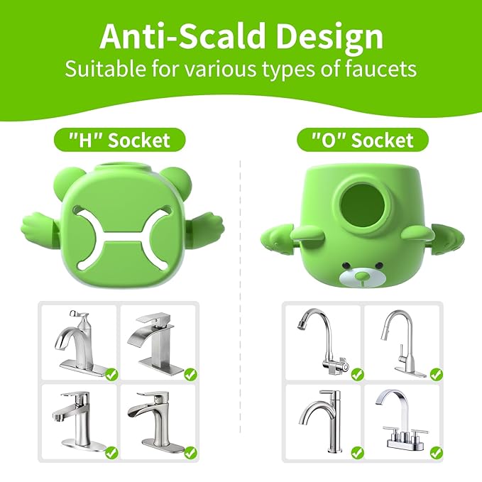 Skyroku Faucet Extender for Kids, Temperature-Sensitive Faucet Spout Extension for Independent Hand Washing - Cute Bear Design, Fits Most Bathroom & Kitchen Sinks(Green)