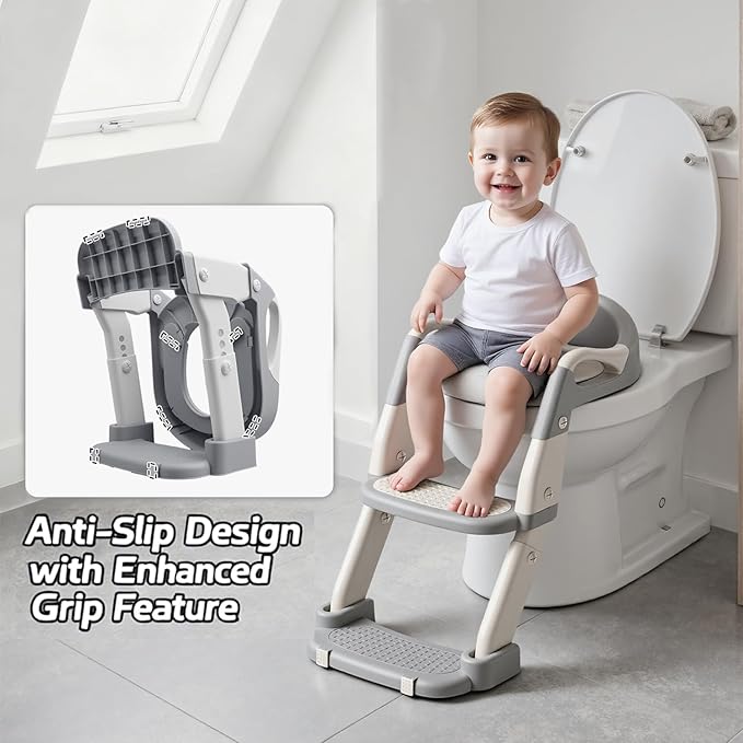 Snugzy Toddler Potty Training Seat 3-in-1 Foldable Potty Training Toilet with Step Stool Adjustable Potty Chair with Urinals (Grey)