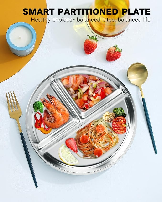 Bakpoco Stainless Steel Kids Plates Set of 6, 9" Portion Control Plates Divided Plate for Adults Toddlers Balance Lunch, Bariatric & Diabetic Diet, Non Toxic Camping Metal Snack Plate for Eating