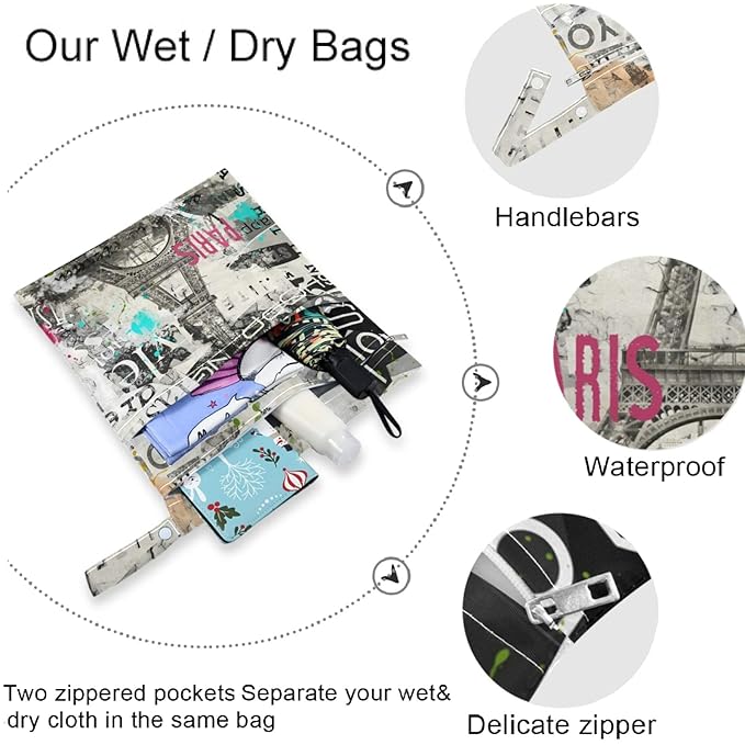 visesunny Vintage Style Paris Eiffel Tower 2Pcs Wet Bag with Zippered Pockets Washable Reusable Roomy for Travel,Beach,Pool,Daycare,Stroller,Diapers,Dirty Gym Clothes, Wet Swimsuits, Toiletries