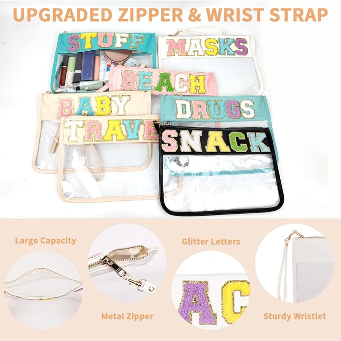 Iqimott Chenille Letter Clear Bag Snack Pouch, Monogram PVC & PU Makeup Cosmetic Bag Zipper Toiletry Pouch, Waterproof Portable Purse Travel Beach Snack Wristlet Bags for Women Girls(Snack, White)