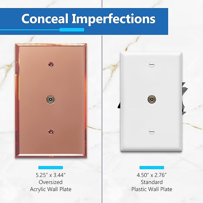 LIDER Reflective Acrylic 0.406" Diameter Hole Phone Cable Wall Plate, Mirrored Cable Plate, Acrylic Glass, Oversized 1-Gang 5.25" x 3.44", LWP-41O-ARG, Rose Gold