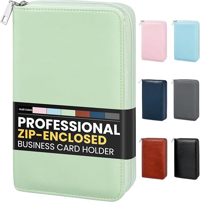 Sooez Zip-Enclosed Business Card Holder Organizer, Professional Credit Card Case Book for Women Men, 240 Capacity, Premium Vegan Leather Gift Card Organizer Storage File, Business Card Wallet, Green