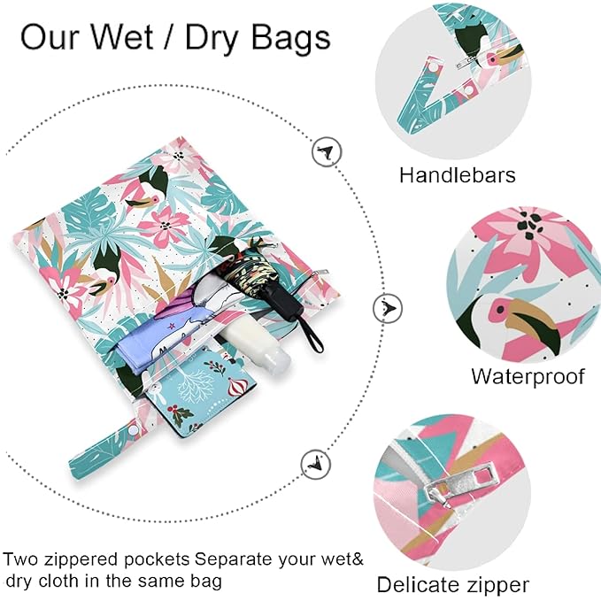visesunny Tropical Palm Flower Parrot Animal 2Pcs Wet Bag with Zippered Pockets Washable Reusable Roomy for Travel,Beach,Pool,Daycare,Stroller,Diapers,Dirty Gym Clothes, Wet Swimsuits, Toiletries