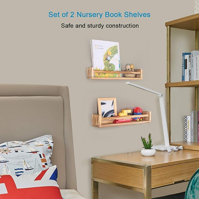Nursery Book Shelves, Set of 2 Wood Floating Book Shelves for Kids Room, Kitchen Spice Rack, or Rustic Wall Mounted Shelves for Farmhouse Bathroom Décor (carbonized)